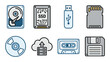 © ProAssets - Collection of storage devices icons set with a variety of data storage options Hard drive, SSD, USB, SD, CD, cloud.