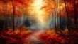 © smartcat - Misty forest path surrounded by tall trees with vibrant red and orange autumn leaves creating a warm, serene, and mystical atmosphere