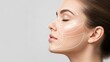 © NENI - Profile of a young woman with closed eyes, facial lifting lines, and arrows for cosmetic procedures