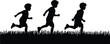 © MdMoktar - Black silhouette of three boys running in a line across a grassy foreground against a clean white background, depicting active play