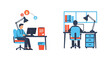 © feni - People working on computers in a bright office studio, remote work and online collaboration concept