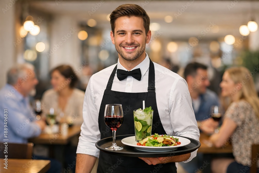 Young man waiter smiling and holding tray with drinks and food in restaurant serving clients. Professional service at catering establishment