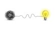 © sujgat - Tangled messy line ball represents complex problem challenge. Winding path connects to shining light bulb. Visualizes process of discovery, creative thinking, problem solving, Strategic Thinking & Bus
