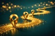 © Thitiporn - Golden Route to Discovery: A captivating visual metaphor depicting a golden path marked by pins, shimmering with luminous particles against a deep teal backdrop. This represents progress, exploration.