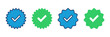 © Marjiya - Four stylized check mark badge icons on white background, vector illustration, blue and green colors, simple flat design.