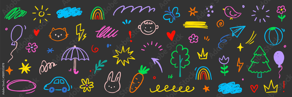 Cute kid baby icon set. Hand drawn kid doodle marker stroke with cute color rainbow, sun, cloud childish background. Cartoon sketch children flower, car, house icon elements. Vector illustration