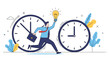 © Mitchell - Motivated entrepreneur runs between two large clocks while holding a glowing lightbulb to symbolize innovation under tight time constraints.