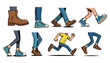 © TamimTech - Cartoon legs in shoes. Comic retro feet in different poses, funny character mascot foot in boot, leg standing, walking, running, jumping