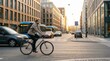 © umut hasanoglu - Young man commuting by bicycle on busy city street during golden hour