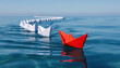 © CrazyJuke - Leadership Voyage: A vibrant red origami boat takes the lead, charting a course for a fleet of white origami boats upon tranquil, expansive water, signifying direction and guidance.