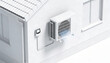© Art_spiral - Residential air source heat pump outdoor unit with thermostat controller clean isometric render of home hvac electrification and efficient heating cooling on white background