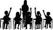 © Asif's Creatives - Classroom silhouettes, student engagement, teacher presence, black vector, raised hands, learning scene, education moment, desk pose, school activity, participation gesture