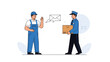 © MD - Delivery man in a blue uniform and cap waving to a mail carrier holding a cardboard box in a friendly business exchange.