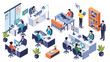© MD - Extensive isometric office floor plan shows many diverse employees working together at computer desks in a modern corporate environment.