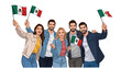 © Mochamad - Illustration of a diverse group of five adults holding Mexican flags in a celebratory gesture against a plain white background.