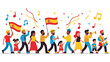 © Mochamad - Illustration of a diverse group of people walking and celebrating with Spanish flags and musical notes in a colorful, flat design with a festive mood on a white background.