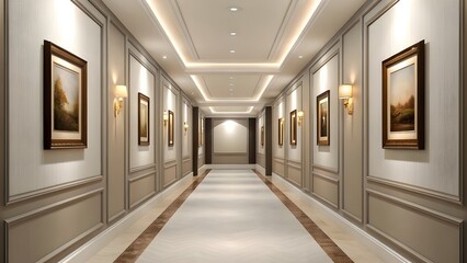  Hallway Decorated With Art Gallery-Style Photo Frames And Subtle Lighting, Blending Modern Sophistication, Artistic Expression, And Calm Ambience In A Contemporary Home Setting