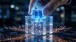© Vx - Futuristic Hand Interacts with Glowing Blue Cube on Circuit Board