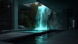 Modern futuristic luminous waterfall cascades into sleek pool at night in minimalist architecture