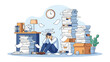 © Fahima - An overworked and dizzy businessman sitting on the floor, stressed by huge piles of documents and paperwork in a cluttered office.