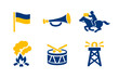 © Alex - Minimal blue and yellow icon set featuring flag, trumpet, mounted messenger with envelope, campfire, snare drum, and oil derrick silhouette