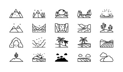 Naklejka na meble Minimal landscape outline icons vector set with editable stroke scenic symbols
