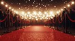 © Alice O - A glamorous red carpet event with elegant red ropes and black stanchions lining both sides. Golden lights create a magical bokeh effect overhead, casting warm glows across the luxurious scene.