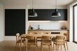 © diproduction - Modern minimalist kitchen interior with black cabinets, wood furniture, pendant lights, and white tile wall in Scandinavian design concept style. Ai generative