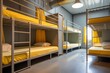 © juliars - Hostel dormitory featuring multiple metal bunk beds with bright yellow linens and individual privacy curtains