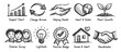 © Bogdan - Hand-drawn sketch set featuring icons such as chart, arrows, hands, diverse group, globe, lightbulb, handshake, and plant growth; symbolizing positive change and community.