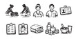 © Bogdan - Black and white sketch icons depicting massage, spa staff, client forms, towels, oils, and candles create a relaxing and therapeutic illustration for wellness concepts.