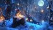 © Nurillo - tiny mouse lighting a lantern on frosty stump, blue snow and moon glow around, enchanting winter night, .