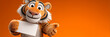 © Alberto Masnovo - Extreme Close-up and Portrait of a Joyful Cartoon Tiger Holding a Blank Sign Against an Orange Background with Copy Space, Perfect for Zoo Safari Ads and Animals Wellness Campaigns. Generative Ai.