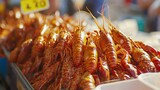 Close-up of cooked, reddish-orange crustaceans displayed on a market stall, selling seafood