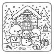 © AmazingArt - A whimsical winter scene featuring cute animals building a snowman in front of a cozy cabin, surrounded by festive trees and holiday decorations.