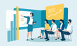 © bizvector - Businesswoman presenting growth strategy to team in modern office with chart.  Business vector illustration