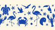© Elsa - Seamless Blue Nautical Wildlife Border: Turtles, Flamingos, Crabs, Lobsters, Toucans, and Seagulls