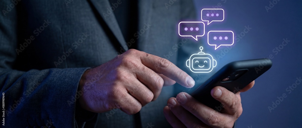 Man holding smartphone displaying futuristic AI communication chatbot ...