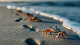 Crabs scuttling across sandy shore, small crustaceans moving over tidal beach, footprints in wet sand, coastal ecosystem interaction, dynamic natural behavior captured in sunlight, seaside habita