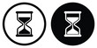 © bibin - Hourglass vector icon representing time management. Circular black and white symbol for deadline, history, waiting process, and countdown timer for web and app interface design.