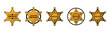 © top dog - Sheriff star badge icons set. Gold western law enforcement emblems with different star shapes and outlines
