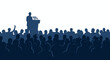 © Avoxel - Speaker Addressing Audience Silhouette from Podium with Microphones in Dark Blue Tones