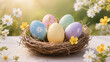 © Nataliia Pyzhova - Decorated pastel Easter eggs in a natural straw nest with spring flowers outdoors. Bright and cheerful holiday concept in nature setting.