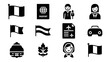 © Maureen - Travel icons: black and white silhouette symbols of passport, flag, car, airplane
