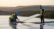 © Lightora - Two solar panel installers working on a roof at sunset, generating renewable energy