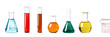 © Trendy Graphics - A row of colorful laboratory flasks and beakers on a white surface for chemistry experiments isolated on transparent background
