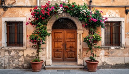  A picturesque wooden door adorned with colorful flowers in a quaint European street, showcasing rustic charm and vibrant beauty.