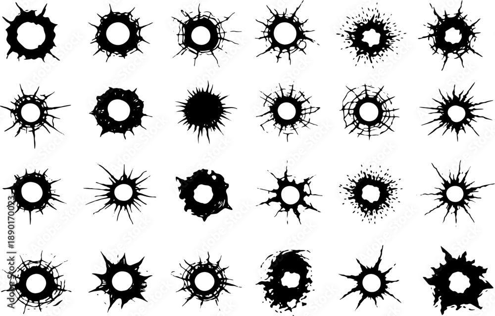 Bullet Holes Impact Marks Bundle, Black and White Gunshot Damage Set ...