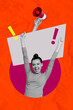 © deagreez - Trend artwork banner sketch 3D photo collage of young lady smile excited feminism government election citizen vote hand hold megaphone