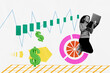 © deagreez - Composite trendy magazine photo collage of excited businesswoman hold laptop jump usd capital budget income development diagram